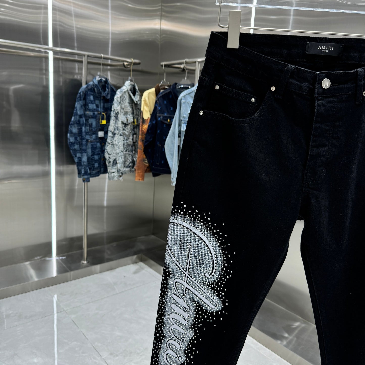 Amiri Slim Fit Stretch Jeans with Rhinestone Lettering