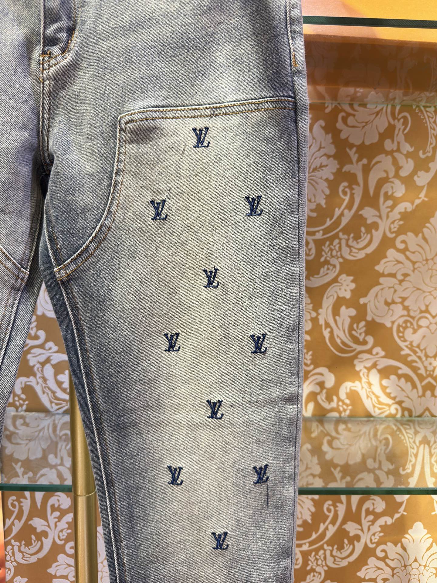 LV Embroidered Slim fit Straight-Leg Jeans