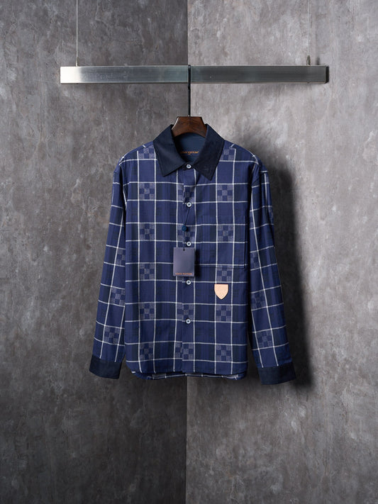 1V Flannel Collar Embroidered Logo Blue Check Lapel Long Sleeve Shirt
