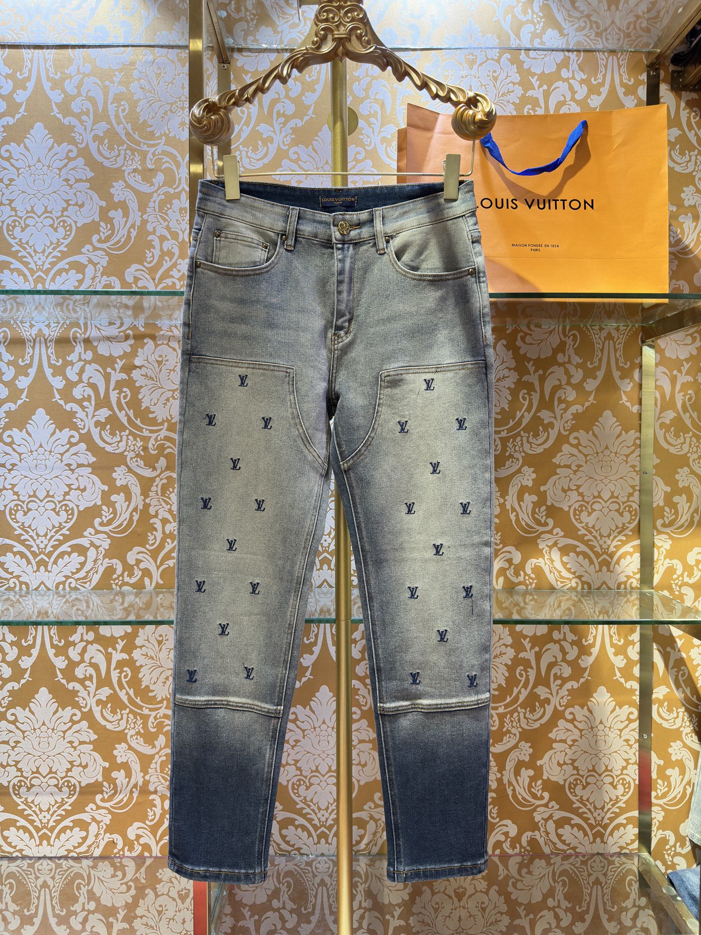 LV Embroidered Slim fit Straight-Leg Jeans