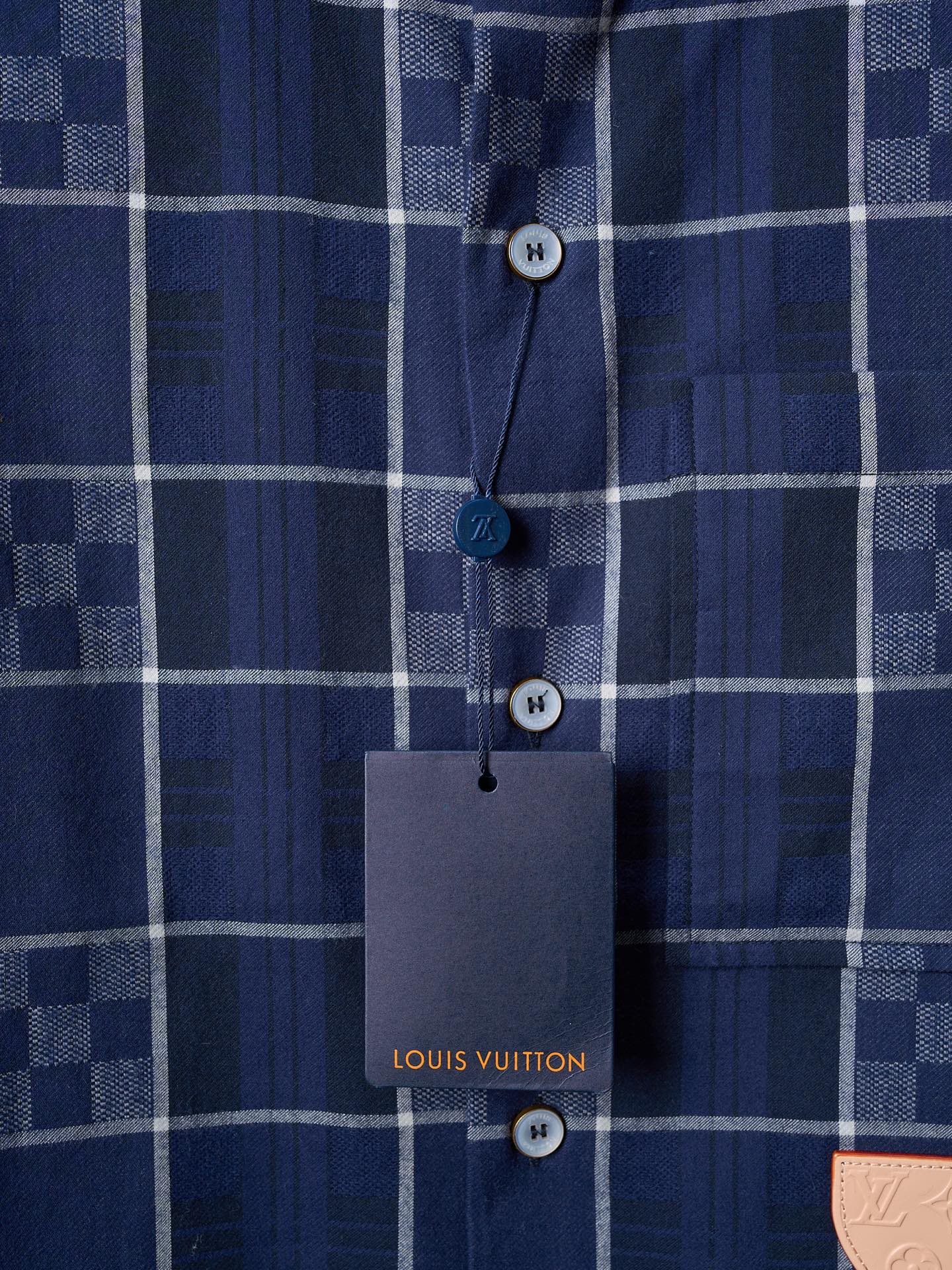 1V Flannel Collar Embroidered Logo Blue Check Lapel Long Sleeve Shirt